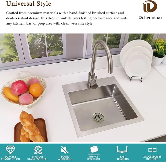 15 Inch Drop In Bar Sink – Delironexu 18 Gauge Stainless Steel Small Kitchen sinks & Small Bar Sink, 15"x15" Wet bar sink with 2" Drain Hole, Brushed Finish, Ideal for RV, Prep, and Outdoor Use