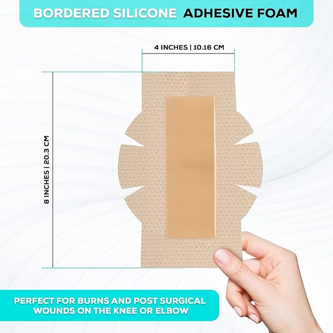 MedVance Bordered Adhesive Silicone Foam Dressing Pack of 5 - Waterproof Silicone Pad - Easy Apply & Remove Sterile Bandages - Wound Care & Dressings for Burns & More (4"x8" Bandage w/Wings)
