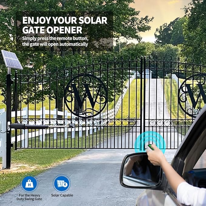 TOPENS AD8S Automatic Solar Gate Opener for Heavy Duty Dual Swing Gates Up to 18ft per Arm, Dual Swing Gate Operator Battery Powered with Remote Control Kit Gate Motor Solar Panel Included