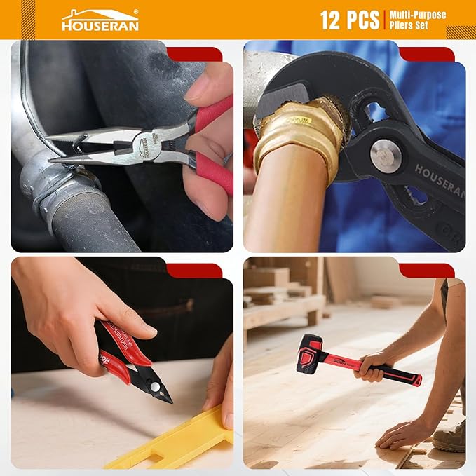 12-Piece Household Hand Tool Set with Toolbox – Heavy Duty CRV Pliers, Adjustable Wrench, Rubber Mallet & Claw Hammer for Home, Garage, Automotive & DIY Projects