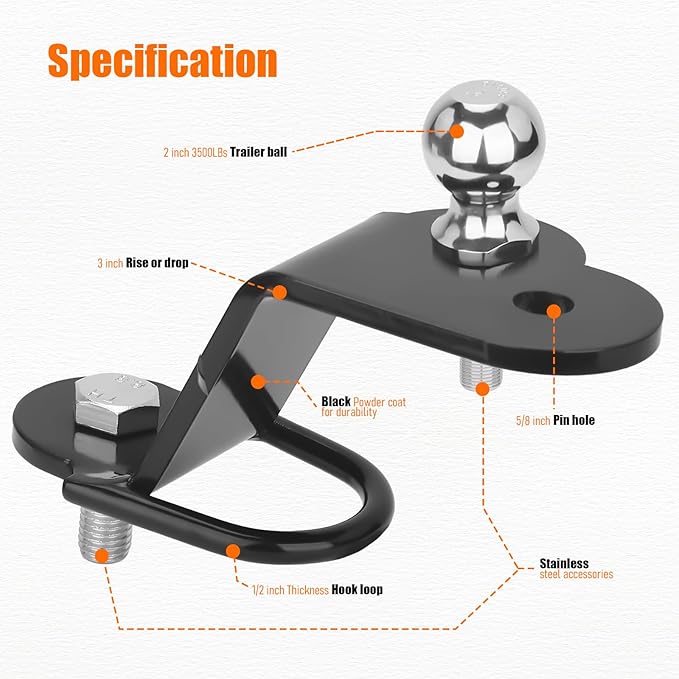Chelhead UTV ATV 3-Way Hitch Adapter with 2 inch Ball 3500lbs for ATV UTV Trailer Hitch Adapter, 3" Drop/Rise, 3 Mounting Options, (3 Way Hitch Adapter with Ball)