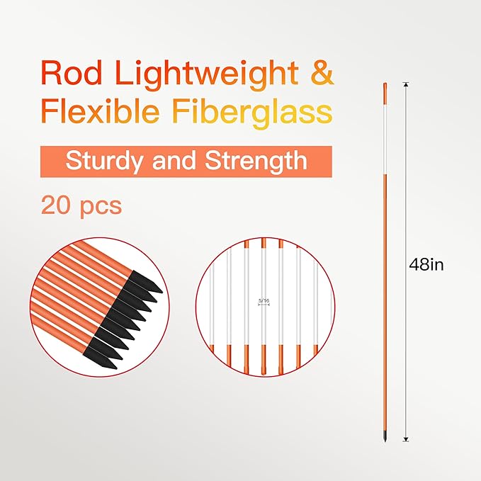 Driveway Markers 48 inch 20pcs, 5/16” Dia 4FT Snow Stakes with Reflective Tape, Highly Visible for Parking, Walkways, Snow Markers, 4FT Orange Fiberglass Poles Reflectors Markers with Steel Drill Bit