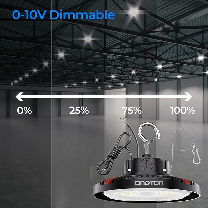 CINOTON UFO LED High Bay Light, 160W/120W/80W Switchable, AC100-277V LED Shop Lights with US Plug, 24000LM Dimmable 0-10V Commercial Bay Lighting for Garage Workshop 5000K Daylight-UL Listed, 8 Pack