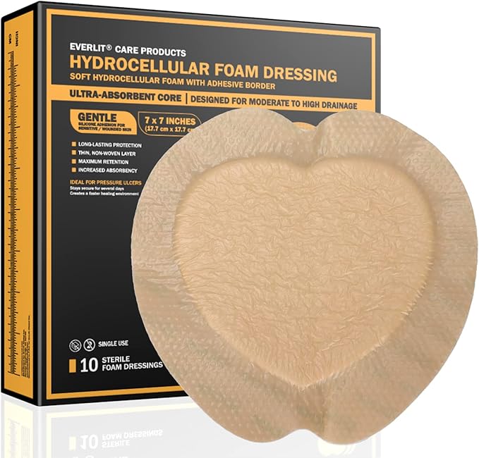 EVERLIT Sacrum Silicone Foam Dressing | Highly-Absorbent Waterproof Sacral Bandage Pad for Bed Sore Pressure Ulcer Wound Care | Sterile Adhesive Dressing for Chronic Wounds (7" x 7" | 10 Pack)