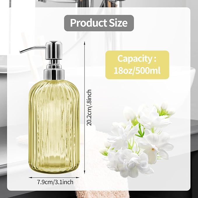 18 Oz Glass Soap Dispenser with Stainless Steel Pump, Modern Ribbed Design Refillable Liquid Soap Bottle for Bathroom, Kitchen, Hand Soap, Dish Soap, or Lotion (Yellow)
