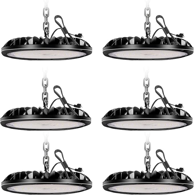 6 Pack LED High Bay Light 300W 30000LM, UFO LED Shop Light with 4ft Plug Cable, 6000K Commercial Bay Lighting, IP65 Waterproof for Warehouse Workshop