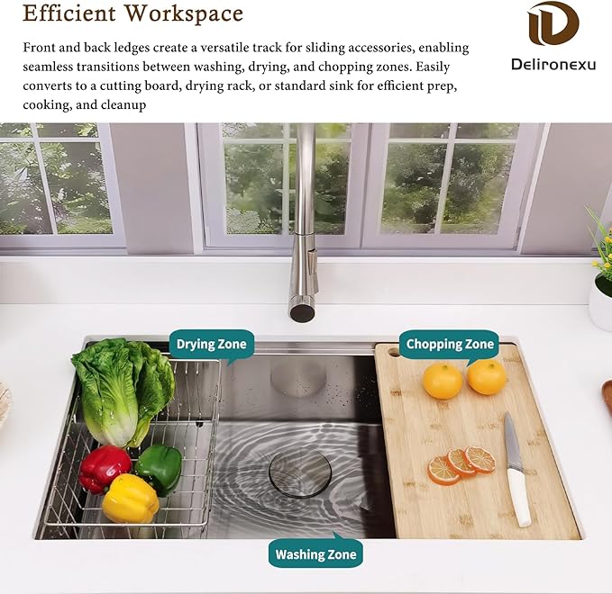 33 Inch Undermount Kitchen Sink Workstation – Delironexu 16 Gauge Undermount Stainless Steel Sink, 33x19 Kitchen sink Single Bowl with 6 Accessories, Multi-Functional Workstation Sinks