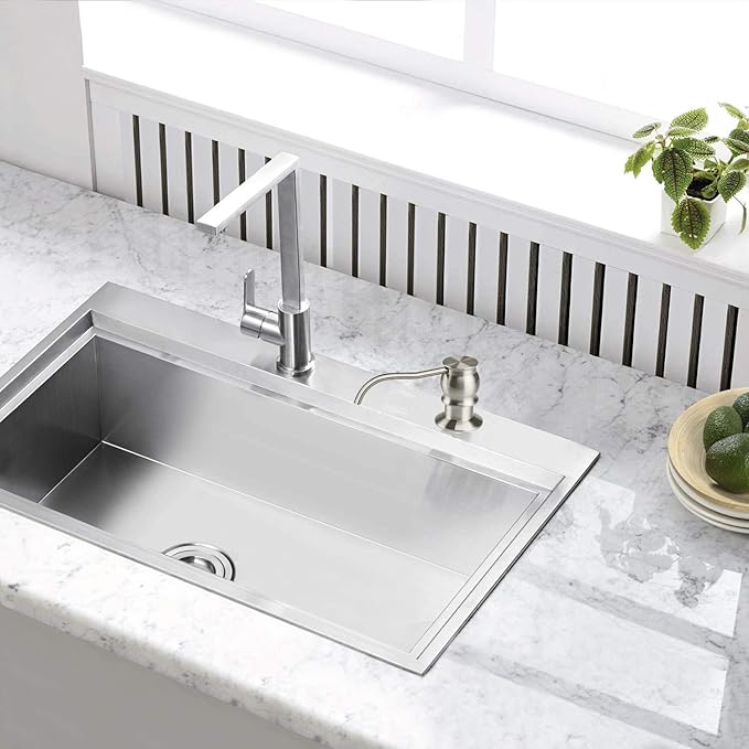 Samodra Kitchen Sink Soap/Lotion Dispenser, Brass Pump Head Brushed Nickel 12 OZ Bottle Built in Design Refill from The Top for Granite Thick Deck Installs