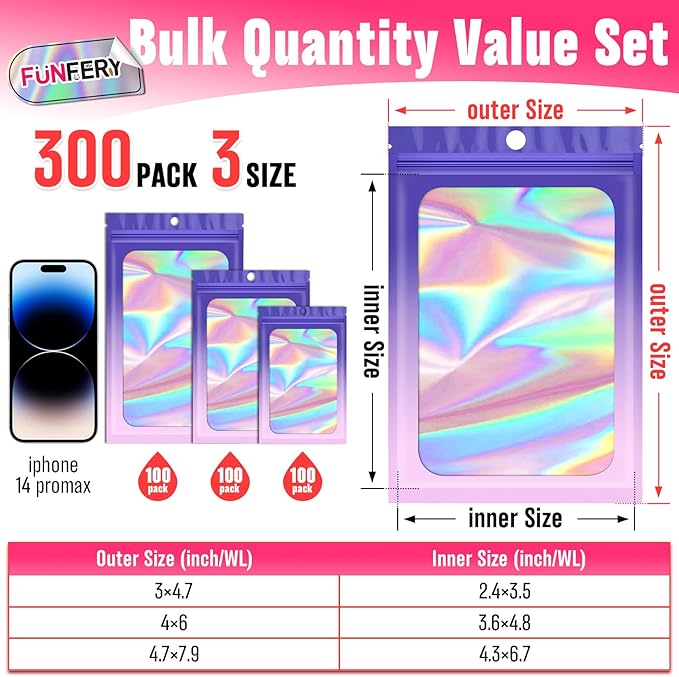 Funfery 300 Pack 3 Size Mylar Holographic Bags with Clear Window,Resealable Bag Smell Proof Foil Baggies Packaging Pouch for Food Storage,Sample,Small Business(Purple Pink,3x4.7,4x6,4.7x7.9in)