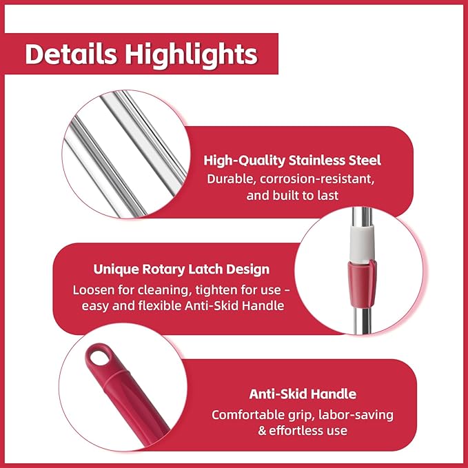 Spin Mop Replacement Handle, 47.6-inch 360 Degrees Rotating Telescopic Replacement Mop Stick with a Robust Stainless Steel Disc for Spin Mop Bucket Cleaning System (Stainless Steel Disc,Red)