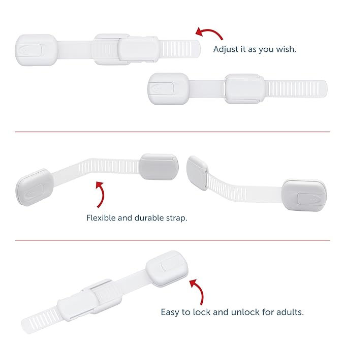 Child Safety Cabinet Locks (8 Pack) – Adjustable Baby Proofing Strap Latches with Strong 3M Adhesive – No Drill Childproof Locks for Drawers, Cabinets, Fridge, Door, Closet, Grey