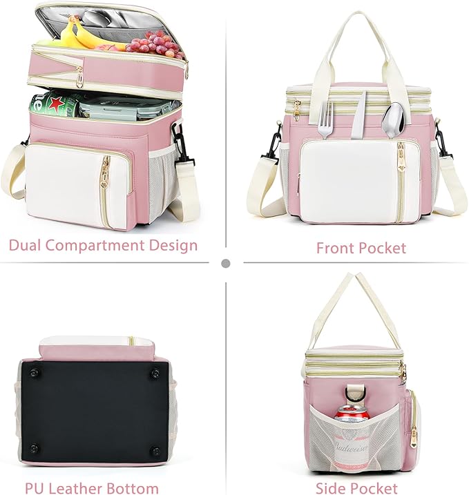 LOKASS Expandable Lunch Box for Women | Adult Lunchbag Cooler Tote Bag with Adjustable Shoulder Strap | Insulated Reusable Womens Lunch Bags for Work Camping Beach | 16L, Pink