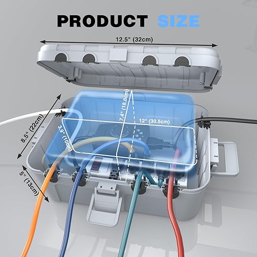 Flemoon Outdoor Electrical Box Waterproof, IP54 Waterproof Extension Cord Cover, Protect Outlet, Plug, Socket, Timer, Power Strip, Holiday Light, Large Weatherproof Connection Box, Light Grey