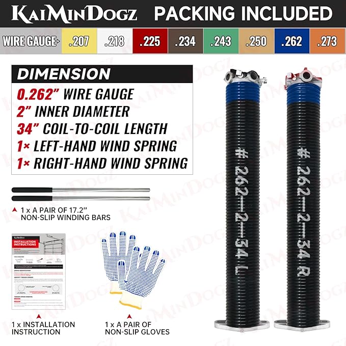 Pair of 2" Garage Door Torsion Springs Set with Non-Slip Winding Bars&Gloves, High Quality Precision Electrophoresis Oil-Free Black Coated for Replacement, MIN 16,000 Cycles (0.262x2''x34'')