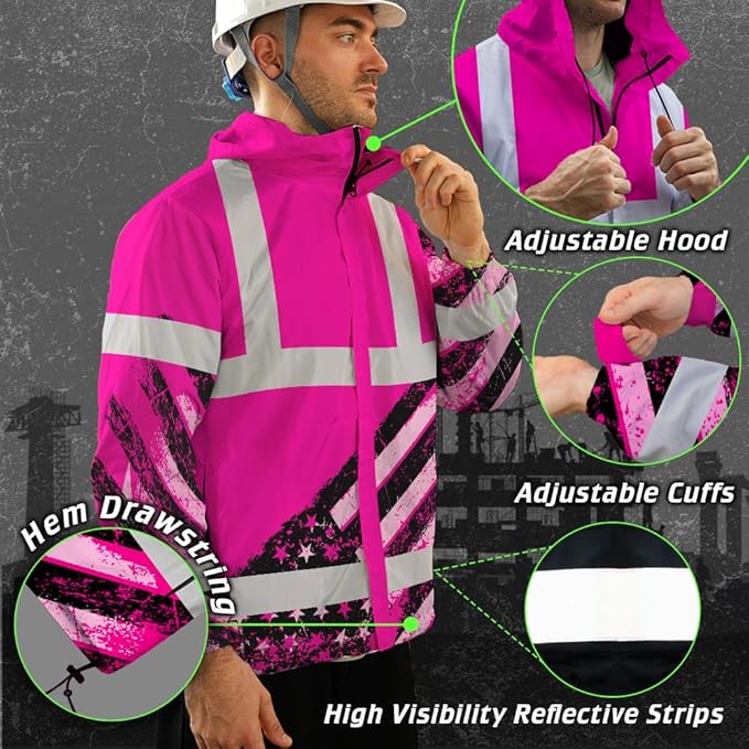 Color US Flag High Visibility Hoodie for Men Women Reflective Tapes Safety Workwear for Worker Runner Patriotic