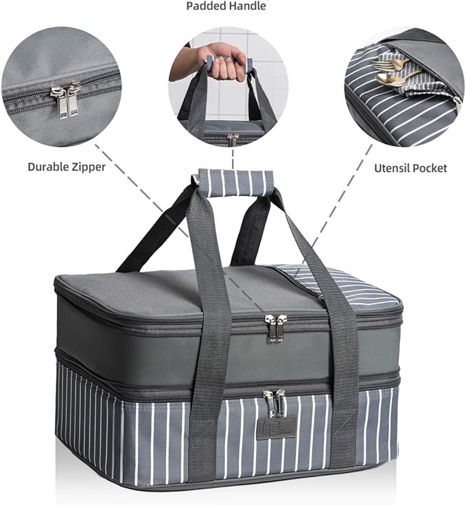 Fun Elements Casserole Carrier, Expandable Insulated Casserole Carriers for Hot or Cold Food, Lasagna Lugger for Parties, Fits 9" x 13" Baking Dish, Grey