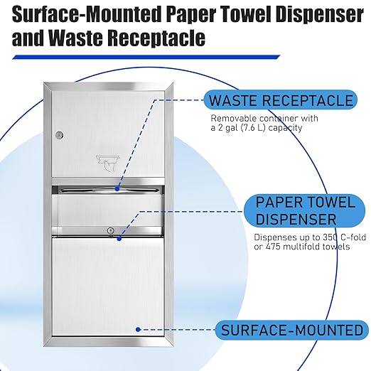 LEIFIDE Classic Stainless Steel Recessed Paper Towel Dispenser with 2 Gallon Waste Can Receptacle Wall-Mounted 28" Height, 14" Width for Bathroom Commercial Restrooms