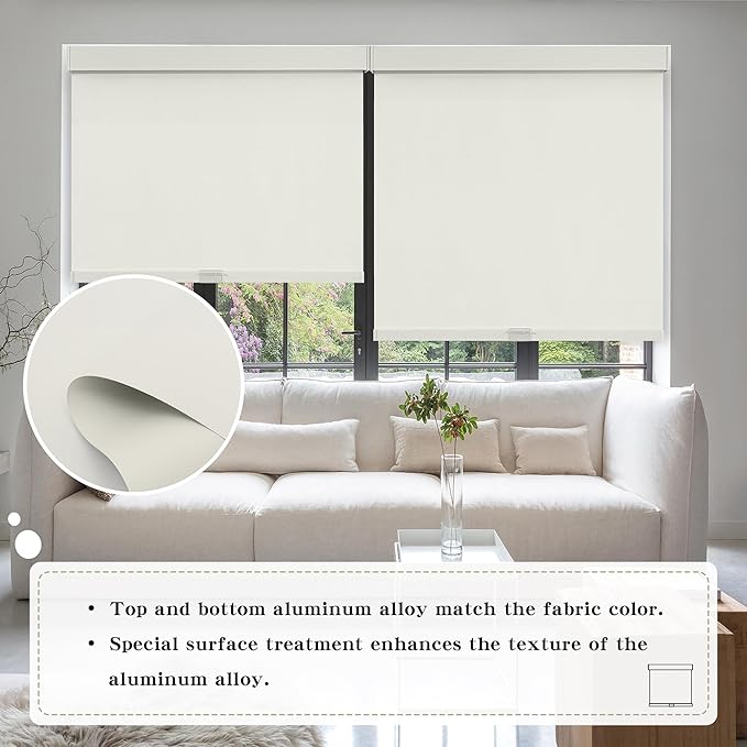 Cordless Blackout Roller Shades Blinds for Windows Free-Stop,Pull Down Room Darkening with Valance,Thermal Insulated Woven Fabric Window Door Blinds for Home,Office,Beige 18" W x 72" H