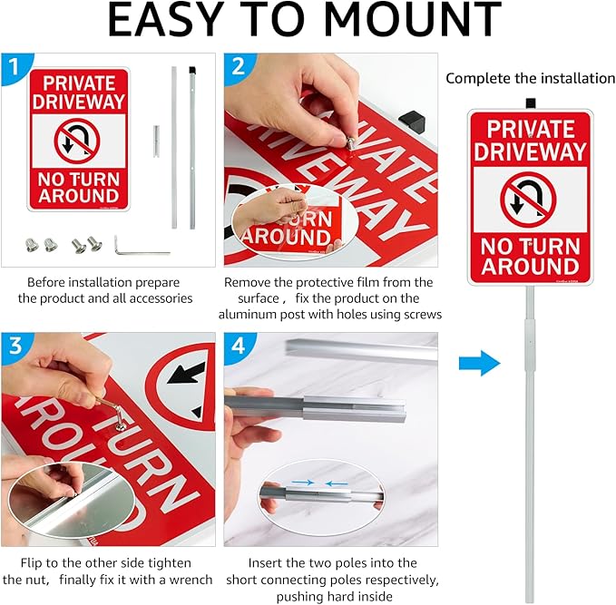 GicnKeuz Private Driveway No Turn Around with 36" Metal Stake Signs, 14 x 10 Inches Reflective Aluminum Signs, Fade Resistant/Waterproof, Easy to Install, Outdoor Use （1 Pack）