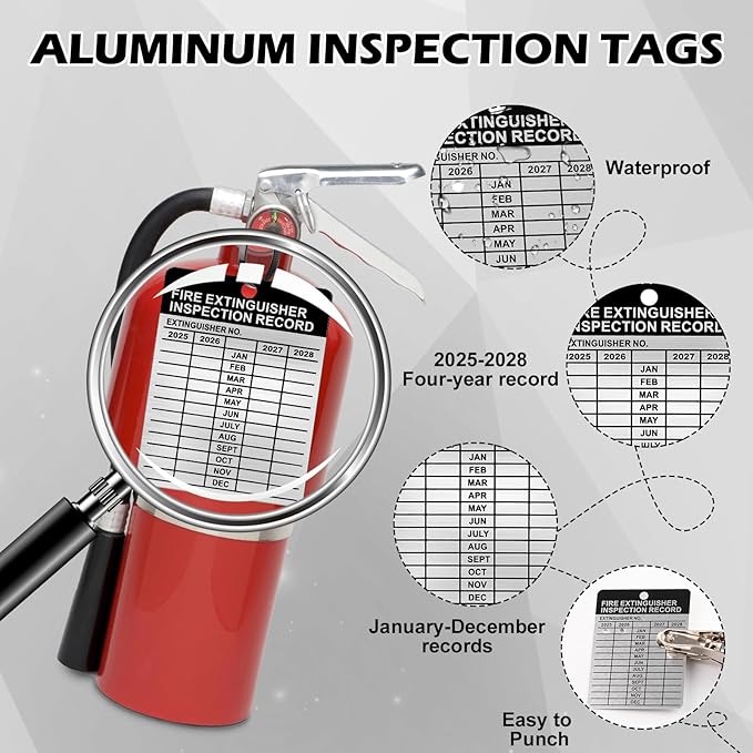 25 Sets Metal Inspection Tags Safety Inspection Tags Fire Extinguisher Inspection Sticker 2.2X3inch Fire Extinguisher Inspection Record Tag 2025-2028 with Handheld Hole Puncher for Indoor Outdoor (25)