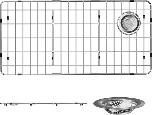 Sink Rack,Large Sink Protectors for Kitchen Sink,28-1/4"X 14-1/4",Stainless Steel Sink Grid for Bottom of Sink,Metal Sink Grate with Strainer,Side Corner Drain for Specific Elkay,1 pack