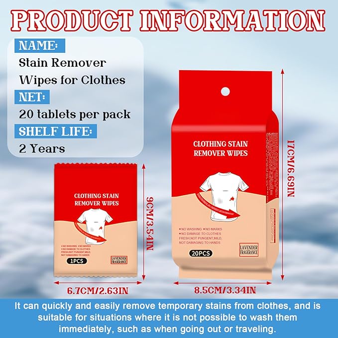 Stain Wipes, Stain Removal Wet Wipes Quick-Cleaning No Water Needed Gentle on Clothes Individually Packaged Compact and Portable for Travel Restaurant Office, 20Pieces