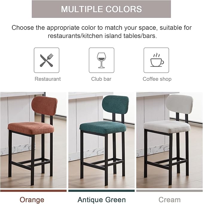 Modern Counter Stools Set of 6, 26" Upholstered Barstools with Back, Sturdy Black Metal Legs Dining Stools with Footrest for Home Pub Kitchen, Cream