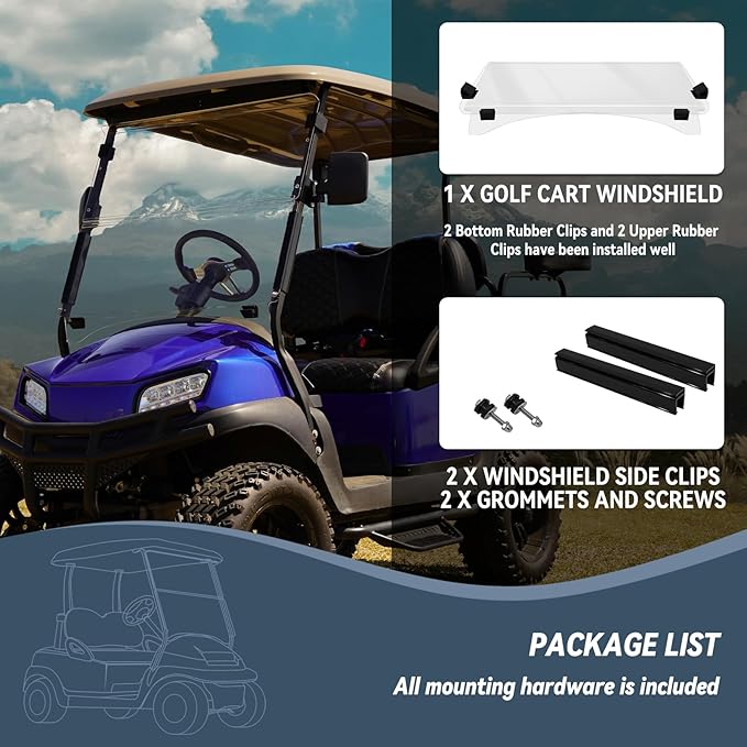 Golf Cart Windshield for EZGO/Club Car DS/Precedent/Yamaha Gas & Electric Models, 5MM Thicken Foldable, Clear Highly Transparent and Impact Resistant Acrylic