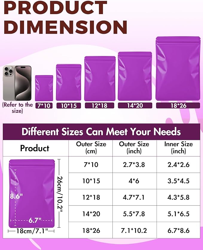 FireKylin 100 Pack Resealable Packaging Bags for Small Business Double-Sided Color Smell Proof Bags for Food Storage Flat Bag (Purple, 7.1" x 10.2")