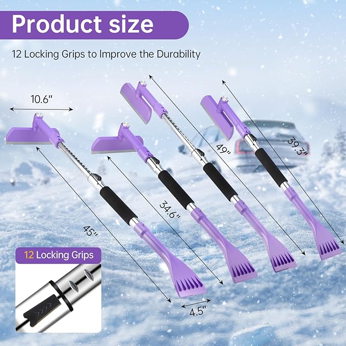 49.2inch Ice Scraper with Snow Brush, Ice Scrapers for Car Windshield,Extendable Snow Removal Tool for Car Window with Foam Grip,360° Silicone Brush Head for Car Auto Truck SUV (Purple)
