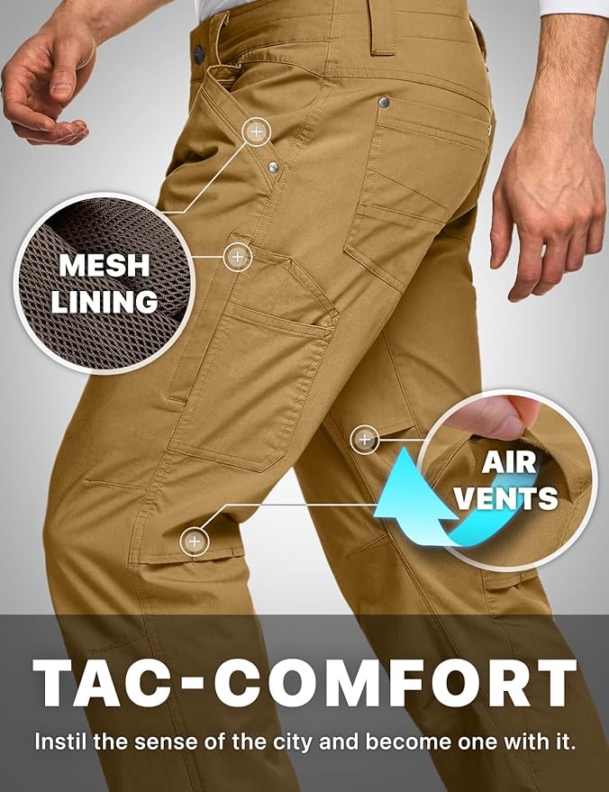 CQR Men's Vent Stretch Pants, Quick Dry Lightweight Casual Cargo Pants, Water Resistant Straight-Fit Utility Work Pants