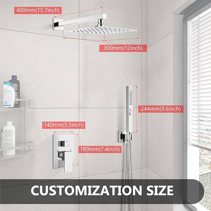 Shower Faucet Set Rainfall Shower System with Square Showerhead and Handle Set Fixture with 2 in 1 Function Handheld Sprayer Wall Mounted Trim Repair Kit Rough-in Valve 12 Inch Polish Chrome