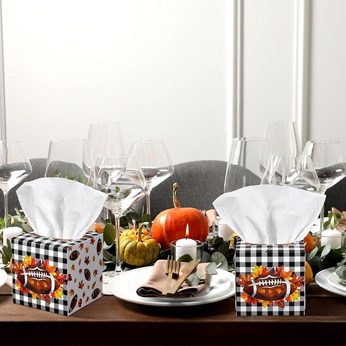 12 Pack Fall Football Facial Tissues Cube Boxes 600 Sheets 3 Ply Autumn Small Maple Leaf Square Face Tissues Bulk for Thanksgiving Day Car Bedroom Party Supplies