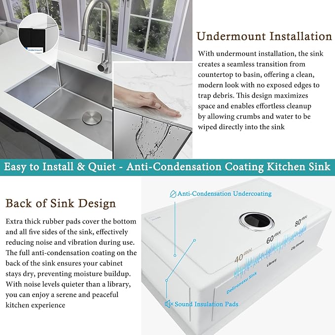 30 Inch Undermount Kitchen Sink - Delironexu 16G Stainless Steel Undermount Sink, 30''x18'' Deep Single Bowl Kitchen Sinks with 4 Accessories