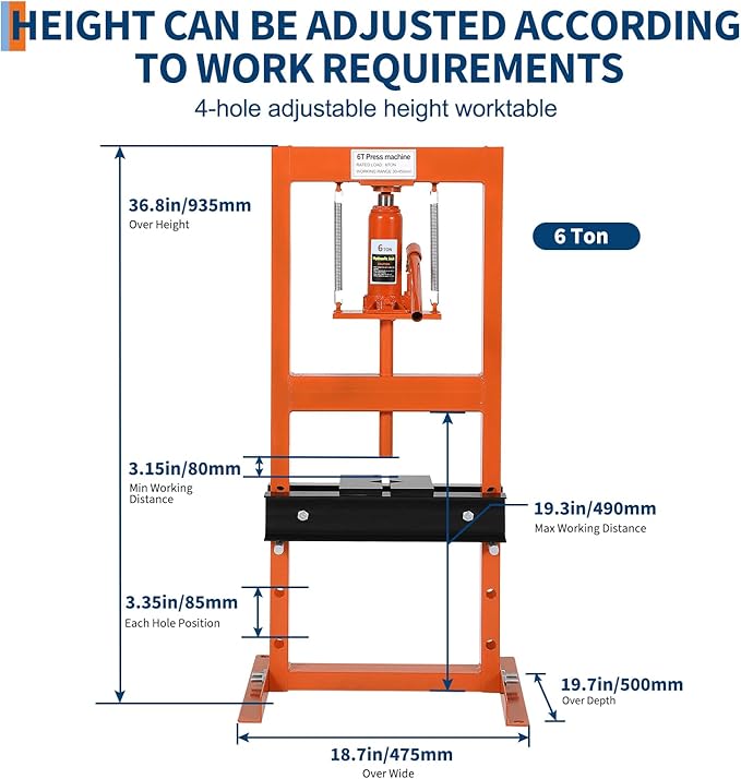 Hydraulic Press 6 Ton Hydraulic Shop Press H-Frame Garage Floor Adjustable Shop Press with 2 Plates Adjustable Working Table Height, Orange