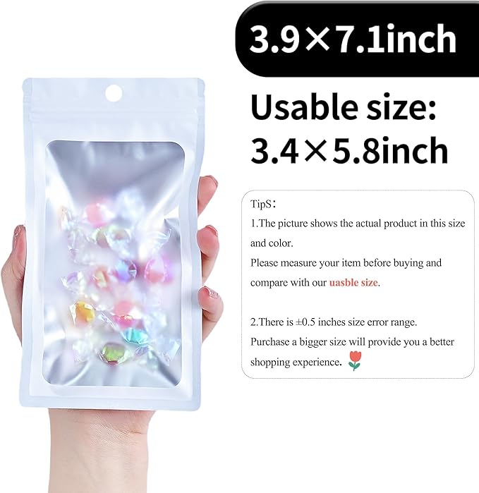 100 Pack Resealable Plastic Bags for Food Storage, Zipper Bags with Clear Front Window, Packaging Pouch for Small Business (White, 3.9x7.1 inch)