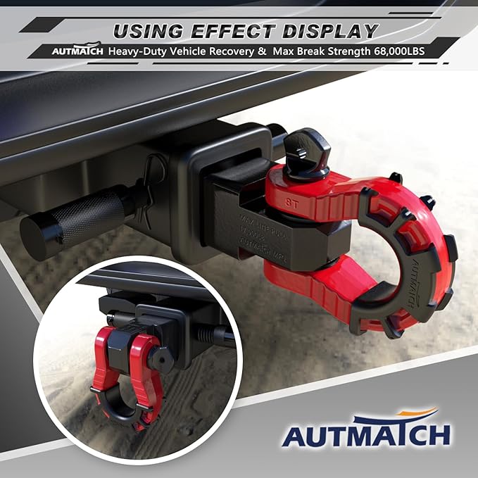 AUTMATCH Shackle Hitch Receiver 2" with 3/4" Mega D Ring Shackle and 5/8" Trailer Hitch Lock Pin, 68,000 Lbs Break Strength Heavy Duty Receiver Towing Kit for Off-Road Vehicle Recovery, Black & Red