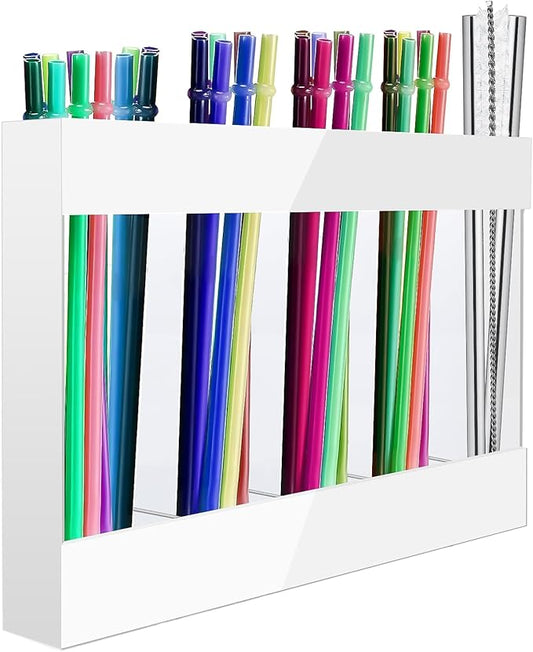 Straw Holder Acrylic for Cabinet Reusable Organizer Dispenser 5-Grid Straw Rack Comes with 8 Double-Sided Tapes and 15 Classification Label Stickers (White)