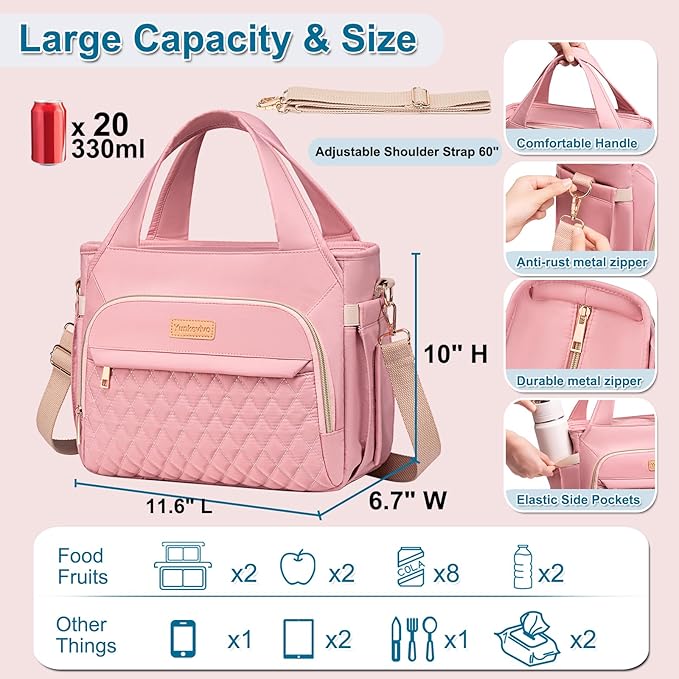 Lunch Bag Lunch Box Women - Insulated Lunch Tote Bag for Women Men, Leakproof Large Womens Lunch Bags for Work, Lunch Cooler Bag for Adult with Side Pocket for Picnic, Hiking, Beach (Pink)