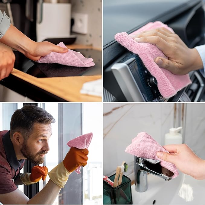 HONOVA Microfiber Cleaning Cloth Roll-90 Pack, Tear Away Microfiber Towels, 12" x 12", Reusable, Washable, Scratch Free, Highly Absorbent Dish Rags for Car, Home, Garage or Shop(Pink&Grey)