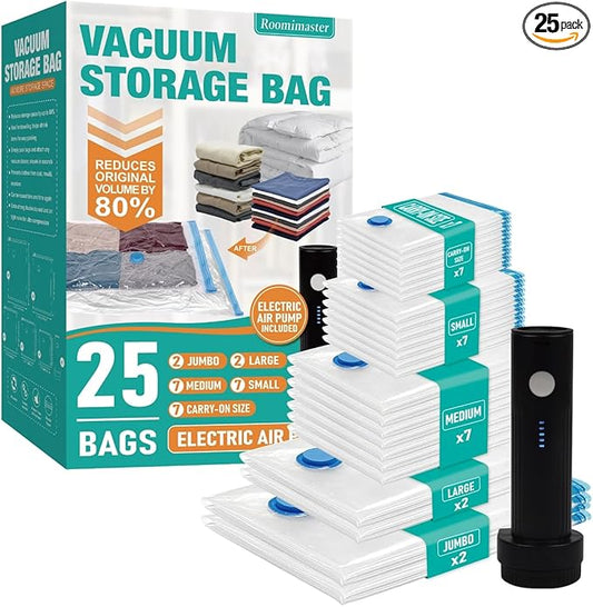 Vacuum Storage Bags with Electric Pump, 25 Pack Space Saver Bags Vacuum Seal Bags with Pump, Vacuum Sealer Bags for Clothes, Comforters, Blankets, Bedding