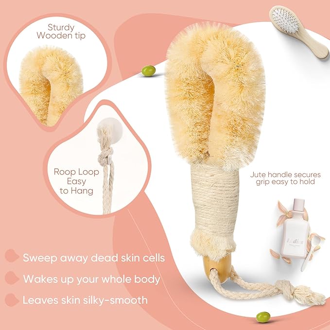 2 Pcs Dry Brushing Exfoliating Brush Body Scrubber Natural Bristle Bath Shower Dry Skin and Sisal Brush with Naturals Fibers for Skin Care, Exfoliates