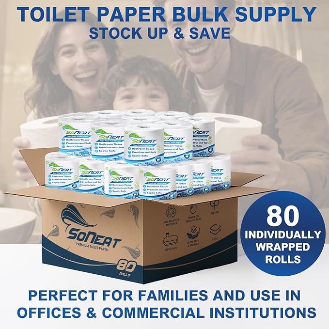 2-Ply Toilet Paper Bulk | Septic safe toilet paper | 40,000 Soft Sheets | 80 Rolls x 500 Sheets Each | Recycled Fiber & Strong Bath Tissue Mega Pack for Home & Commercial Use | Made In USA