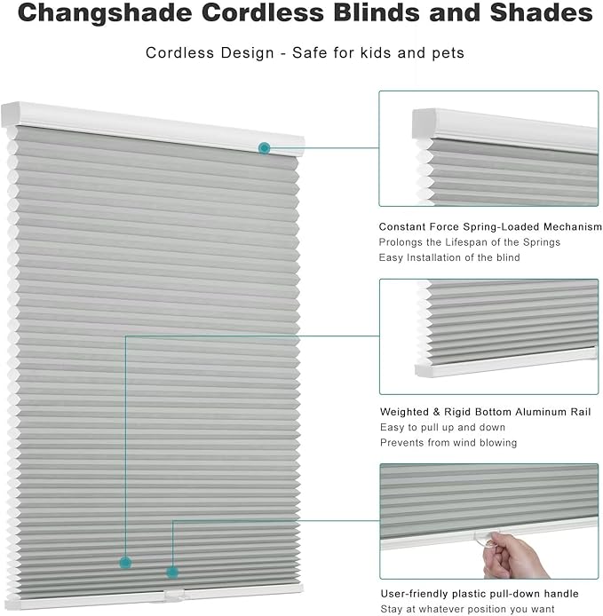 Changshade Cordless Cellular Shades, Light Filtering Honeycomb Shades for Windows, Pull Down Pleated Blinds, Easy to Install for Indoor Windows and French Doors,43" W x 72" H, Grey