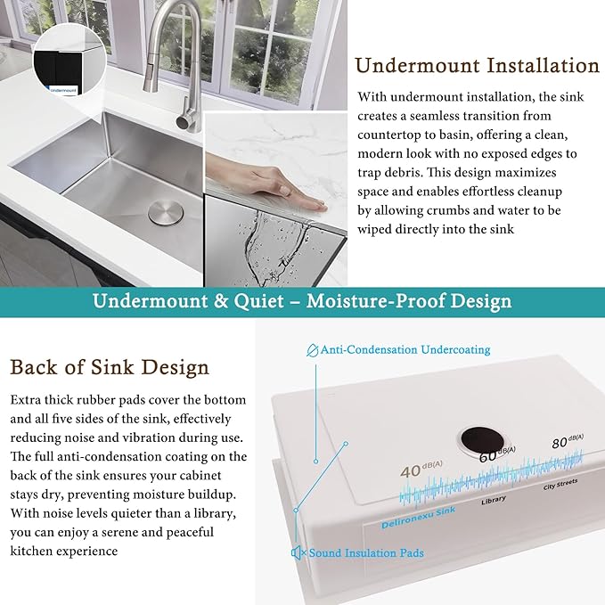 33 Inch Undermount Kitchen Sink – Delironexu 16 Gauge Stainless Steel Sink, Single Bowl Kitchen Sinks Undermount, 33x19 kitchen sink with Bottom Grid, Drain & Towel