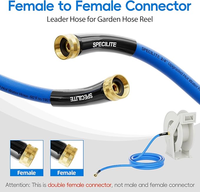 SPECILITE Female to Female Hot/Cold Garden Water Hose 10 ft x 3/4 Inch for Hose Reel, -50℉To 190℉, Heavy Duty, Flexible, Burst 605 Psi, Rubber Extension Pipe with 3/4" Brass Fittings