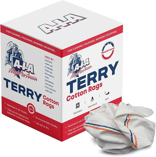 Angel-in-Armor White Striped Terry Cloth Rags (16" x 19") – 8x4lb Bulk Box of Cotton Cleaning Towels – Reusable Terry, Bar, Kitchen, Cleaning, Shop Rags – Low-Lint & Washable