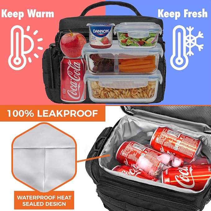 opux Tactical Lunch Box for Men, Black Mens Insulated Lunch Bag for Adult, Leakproof Soft Lunch Cooler with MOLLE Mesh Side Pockets, Multicam Heavy Duty Lunchbox Pail for Work Women, Large, 18 Cans