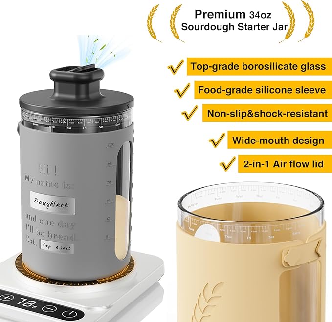 Sourdough Starter Warmer with Sourdough Starer Jar Set, Personalized 34oz Large Glass Fermentation Jar with Silicone Sleeve, Auto On/Off, 12H Timer – Ideal for Winter Home Baker White