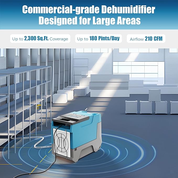 ARGENDON 180 PPD Commercial Dehumidifiers, Crawl Space Dehumidifier with Pump, Auto Defrost, Memory Starting for Home/Industry Use, Water Damage Restore, Garage, Basement, Limited 5-Year Warranty
